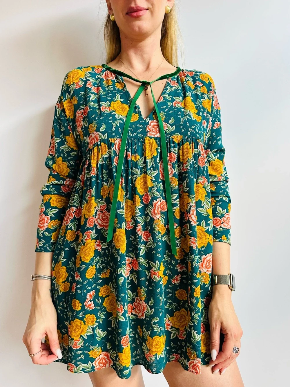 Zara Trafaluc Collection Floral Babydoll Tie Neck Boho Long Sleeve Romper Dress